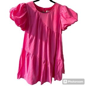 NWT Impeccable Pig “&Merci” Pink Puff Sleeve Layered Mini Dress with Pockets